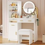 YITAHOME Schminktisch mit Beleuchtung, Einstellbarer Helligkeit, Frisiertisch Spiegel Schubladen, Schminktische Türen, Modern Make up Tisch mit Hocker Verstellbaren Ablagen, Haartrocknerhalter