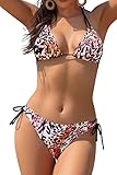SHEKINI Bikini Set Damen Ties-up Neckholder klassischer Triangel Bikinioberteil Bedruckter Bikini Damen Sexy Triangel Verstellbare Bikinihose(S,Leoparden-Print)