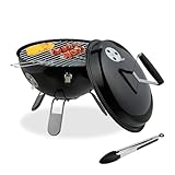 Relaxdays Kugelgrill, tragbar, Ø 37 cm, Picknickgrill für Garten & Park, Holzkohlegrill mit Deckel, Rundgrill, schwarz