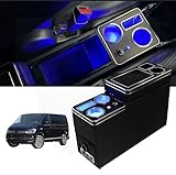 QSULNN Upgrade Mittelkonsole mit Ablagen Staufach kompatibel mit VW T4 T5 T6 T6.1 T7 2003-2019, Schwarz Glanz Leder Zubehör mit USB- und LED-Leuchten