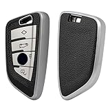 Misuyue BMW Schlüsselhülle für BMW X1 X3 X5 X7 1 3 5 6 7 Series, 4 Tasten Leder und TPU B-MW Key Cover (Silbrig)