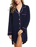 Damen Nachthemd Pyjama Negligee V-Ausschcnitt Nachtkleid Schlafshirt Langarm Modal Schlafanzüge Nachtwäsche Sleepwear Kleid, Langarm 1: Dunkelblau, L