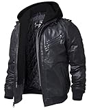 FLAVOR Echtes Lederjacke Herren Abnehmbarer Hoodie (XL, Schwarz)