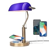 FIRVRE Blau Glas Banker Tischlampen LED klassische Retro Schreibtischlampe mit kabellosem Ladegerät USB Nachttischlampe mit ladefunktion antikes Metall Messing Zugkettenschalter