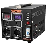 VEVOR 2000W Spannungswandler Transformator AC 110V⇋220V Transformer Wandler 2X US NEMA 5-15R 3-polige/2x standardmäßige europäische Shucko-Ausgangssteckdosen, 1x 5V-USB-Anschluss, 1x Typ-C-Buchse