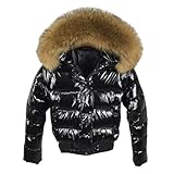 Damen Glänzende Weiche Daunenjacke Kunstpelz Kurze Jacke Verdickte Warme Daunenjacke, schwarz 2, 38