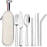 HaWare Campingbesteck, 8-teiliges Wiederverwendbares Reisebesteck mit Filztasche, Tragbares Edelstahl Besteck Set mit Messer, Gabel, Löffel, Metallstrohhalme, Essstäbchen, Reinigungsbürste - Beige