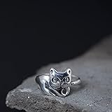 Ring Für Damen Offen Einstellbar - S925 Einfach Und Niedlich Niedlich Katze Offener Ring Weiblich Antik Tier Katzenring Ethnischer Stil Schmuck Für Mädchen Hochzeit Geburtstagsgeschenk,Weiß
