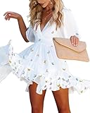 Imily Bela Sommerkleid Damen V Ausschnitt Kurzarm Strandkleid Knielang Blumen A-Linie Drucken Kleid(A-Weiß,S)