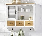 Dekoleidenschaft Hängeschrank White Cottage im Landhausstil aus Holz, weiß, im Shabby Look, 1 Tür & 3 Schubladen + 3 Haken, Wandschrank, Hängeschränkchen, Küchenschrank Badschrank