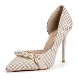 QiBusLeen Damen Elegante Perle geschlossen Zehe Stiletto Heels, Bridal Dressy Pointed Toe Pumps Schuhe mit niedlichen Metallkette & Plaid Stoff, Hochzeit Party Prom High Heels für Frauen 10.5CM - 40.5