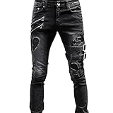 Generisch Jeans Herren Regular Fit, Denimhose Mit Reißverschluss Und Leg Strap Jeanshose Zerrissene Used-Look Stretchjeans Einfarbig Lässig Motorrad Hosen Klassischer Vielseitiger Arbeitshose
