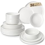 MALACASA Geschirrset 12 Personen, LUNA 36-tlg Tafelservice aus Weißem Porzellan, Modernes Geschirr Set mit je 12 Speiseteller, Dessertteller und Müslischalen