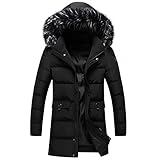 Volwassan Lange gesteppte Daunenjacke für Herren, lässiger Winter-Parka, warme Fleece-Jacke mit Fellkapuze in Übergröße Gr. S, Schwarz