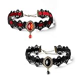 FangBoJie 2 Stück Gothic-Halsketten, Spitzenhalsketten, Retro-Edelstein-Halsketten, Kristall Anhänger Halskette Samt, Gotische Hohlblume Choker, Halloween Zubehör für Frauen(Schwarz,Rot)