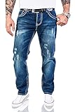 Rock Creek Herren Designer Jeans Hose Dicke Nähte Vintage Herrenjeans Stonewashed Regular Fit Used Look RC-2056 Blau W34 L34