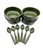 6 Stück Suppenschüssel Teller 750 ml + 6 Löffel im Set Suppenschalen, Suppenteller, Picknickgeschirr, aus Kunststoff, Mehrweggeschirr, Farbe oliv
