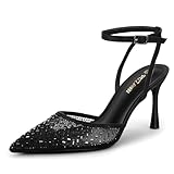 PIZZ ANNU Damen High Heels Strasssteine Knöchelriemen Hohe Schuhe Elegant Pumps mit Stiletto Absatz Bequem Brautschuhe für Hochzeit Festliche Schwarz EU 40