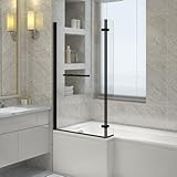 NRG 1400 mm L-förmige Badewannenabtrennung mit Scharnierrücklauf und Handtuchhalter, schwarzer Rahmen, 6 mm Glas, für Badezimmer über der Badewanne