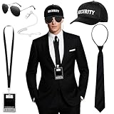 SelfTek Men in Black Kostüm Zubehör - 6 Stück Agenten Kostüm Geheimdienstkostüm Zubehör mit Schwarze SECURITY Hut Sonnenbrille ID Card Krawatte Kopfhörer für Halloween Karneval Kostümparty