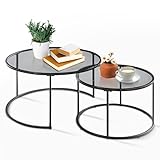 [en.casa] Couchtisch Kokkola 2er Set Wohnzimmertisch rund Beistelltisch Schwarz Tischplatte aus Glas Kaffeetisch Metallgestell Satztisch Sofatisch Rauchglas