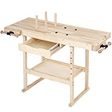 ??????????® Hobelbank - 1270 x 580 x 830 mm, aus Holz mit Spannzange, Schraubstock und Schublade, bis 200 kg belastbar - Werkbank, Werktisch, Arbeitsbank, Tischlerbank, Holzwerkbank