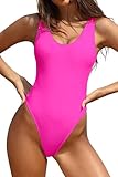 SHEKINI Damen Einteiliger Badeanzug U Ausschnitt Racerback Cut Out Bademode Hoher Schnitt Brazilian Tanga Monokini（Fluoreszierendes Pink,M）