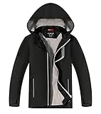 YOUNGSOUL Kinder Softshelljacke Gefütterte Regenjacke Jungen Mädchen Übergangsjacke Wasserdichte Outdoorjacke mit Abnehmbarer Kapuze,Schwarz, DE: 152-158 (Herstellergröße 160)