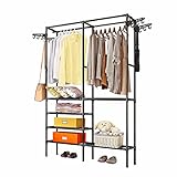 YORKING Kleiderständer Freistehender Kleiderbügel mit 4 Seitenhaken Garderobenständer Kleiderstange aus Metall Standregal mit Hängeregal Schuhablage Wäscheständer Max Belastung 50KG Schwarz