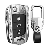 Happyit Zinklegierung + Leder + TPU Autoschlüsselhüllen für Volkswagen Golf Polo Jetta Passat Lavida MK7 Tiguan Mk2 Skoda Octavia Magotan Superb Kodiaq 3 Tasten (B, Silber)