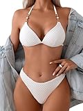 GORGLITTER Bikini Damen Set Mit Ketten Neckholder Bikini Set Triangel Bikini Sexy Zweiteiliger Badeanzug Mit Perlen Bademode Weiß M