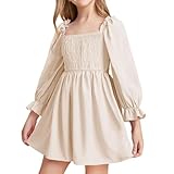 JiAmy Mädchen Kleid Langarm Quadratischer Ausschnitt A-Linie Kleider Frühling Sommer Kinder Freizeit Elegante Hochzeit Party Festlich Kleidung für Mädchen 11-12 Jahre Beige