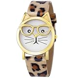Hemobllo Damen-Armbanduhr - Niedliche Katzenuhr mit Leopardenmuster, Cartoon-Design, PU-Lederarmband, Quarzuhr, Kawaii-Stil