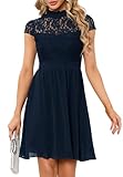 HOMEYEE Damen Elegant Kurzarm Blumen Spitze Abendkleid für Hochzeit Rockabilly Chiffon Cocktailkleid A372 (M, Dunkelblau)