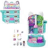 Schatulle von Polly Pocket x Gabby’s Dollhouse, Minipuppen und Spielset, 9 passende Zubehörteile, Tierfreunde Pandy Paws, Cakey, und Mercat, JFV02