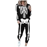 YJING Damen Lose Trainingsanzug Loungewear Set Langarm Pullover Tops Lange Hosen Mode Schädel-Skelett-Druck Sportanzug Jogginghose Gym Wear Sportswear Freizeitbekleidung Outfits(11-Schwarz,XL)