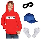 Coole-Fun-T-Shirts Kinder Set Gangster Bande KOSTÜM - Fasching - Karneval - Sweatshirt mit Kapuze, MÜTZE, Maske + Handschuhe - rot Gr.116