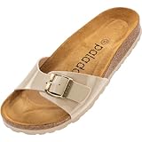 Palado Damen Pantoletten Malta - extra bequeme Sandalen - modische Hausschuhe mit Natur Kork - Made in EU - Sandaletten mit Sohle aus feinstem natur Leder Lack Creme Beige 40 EU