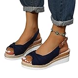 MIYYO Damen Elegant Sandalen Mit Schleife Vintage Keilabsatz Espadrilles Sandaletten Sommer Peep Toe Hausschuhe Römische Strand Sandals Frauen Party Pumps Abendschuhe (Color : Blue, Size : 39 EU)