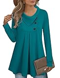 VAFOLY Damen Bluse-Pullover mit Langen Ärmeln Button-Down-Swing Hübsches Weihnachts-Sweatshirt Lustiger Ausgestellter Warmer Baumwollpullover Herbst Winter Farbblock Cowl Neck Dunkel Cyan XXL