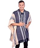 INTI ALPACA Alpaka Poncho - Streifen Cape Mantel für Herren mit Kapuze aus Alpaka Wolle - Poncho Loden Umhang für den Winter - Blau- Einheitsgröße