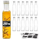 Praknu 12er Set Glasflaschen 250ml Schraubverschluss Eckig - Leere Flaschen zum Befüllen - 12 Etiketten mit Stift - Glasflaschen für Öl, Essig, Saft & Limonade