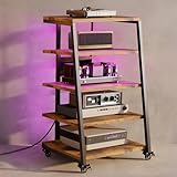 Vrietina 5-stufiger HiFi Rack mit Rädern, Plattenspieler Tisch mit Steckdosenleisten, LED-Leuchten, Verstellbaren Ablage Holz Medienständer HiFi Regal für Audioanlage, Stereoanlagen, 60 x 52 x 110 cm