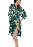 Prettystern Damen 100% Seide Kimono Yukata Knielang Gürtel Seidenmantel Hauskleid oder Morgenmantel Sommer Kleid Dunkel-grün Pfau Garten K08