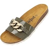 Palado Pantoletten Damen Gozo - bequeme Sandalen Made in Spain - Hausschuhe mit dämpfendem Kork-Fußbett - modische Sommerschuhe Khaki Lack UK8 - EU41