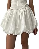 Acrawnni Damen Puff-Minirock, Laternenrock, Y2K, lässig, lockere Passform, elastische Taille, einfarbig, kurzer Puffballrock, Ballonrock, A-weiß, S