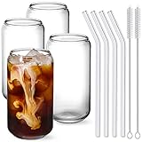 Trinkgläser mit Glasstrohhalm, 473 ml in Dosenform, Glasbecher, Biergläser, Eiskaffeegläser, niedlicher Becher, ideal für Whiskey, Limonade, Tee, Wasser, inklusive 2 Reinigungsbürsten, 4-teiliges Set