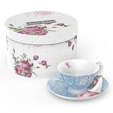 London Boutique Teetasse und Untertassen-Set, 1 Nachmittagstee-Set, Knochenporzellan, Vintage-Flora-Geschenkbox, 200 m (blau)