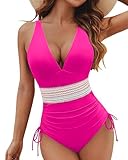LUNNTE Damen Badeanzug Bauchweg Einteiliger V Ausschnitt Hoch Taillierte Monokini Schlankheits Badeanzüge für Frauen Bademode Swimsuit Herausnehmbare Softpads (Hot Pink, L)