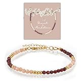 happymaker - Mondstein Armband mit Granat, Perlenarmband mit echten Edelsteinen und vergoldeter Edelstahl, handgefertigt, Geschenkverpackung, Heilsteine Armband